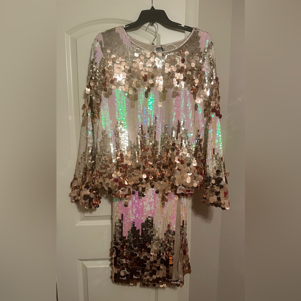 Boohoo Plus Iridescent Sequin Two-Piece Skirt Set in Rose Gold and Pink
